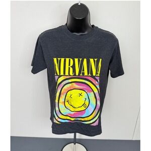 Nirvana T-Shirt Women XS Smiley Face Psychedelic Graphic Charcoal Heather Tee